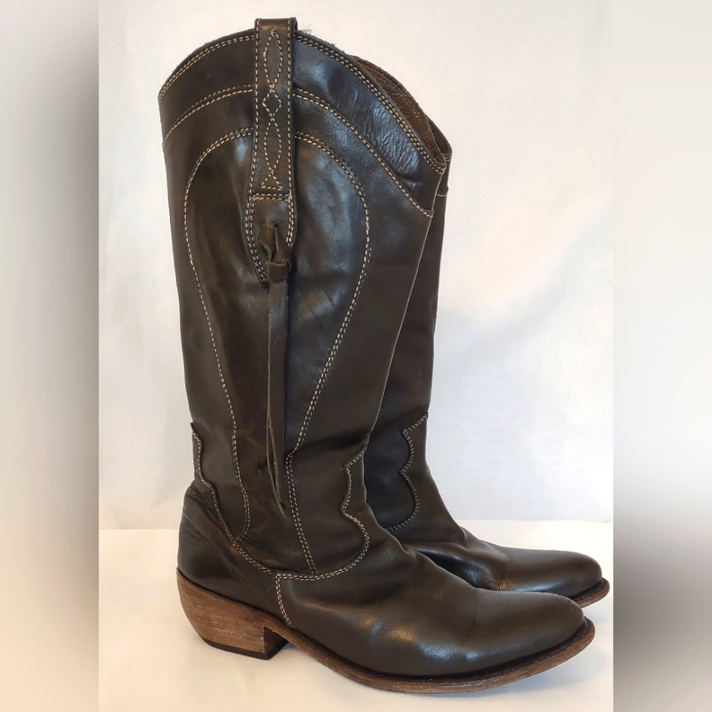 Caborca Liberty Black Mexican Handmade Tall Almond Toe Leather Boots